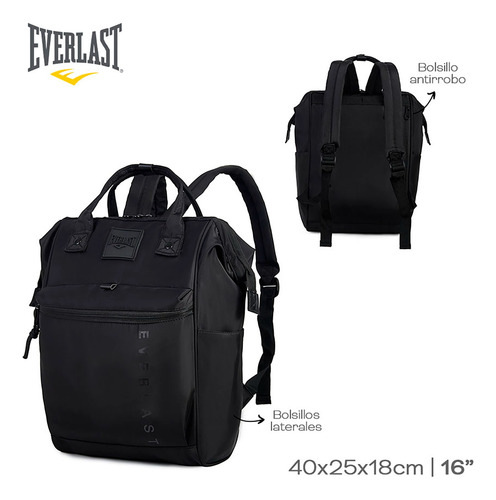 Mochila Everlast - Boca De Pez - Con Bolsillos Y Correas Eve 22341b Negro Liso