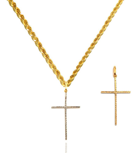 Cordão Baiano Colar + Pingente De Cruz Palito Ouro 18k 50cm