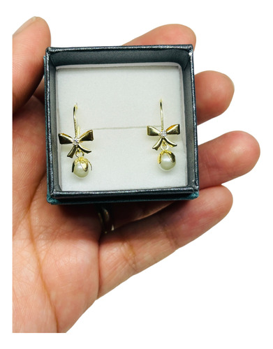 Aretes Largos Moño Perla Zirconia Oro Macizo 10k Garantizado