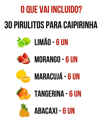 30 Pirulitos De Cristal Para Caipirinha - Kit Com 5 Sabores