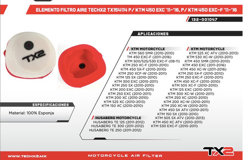 Elemento Filtro Aire Techx2 Tx154114 P/ Ktm 450 Exc