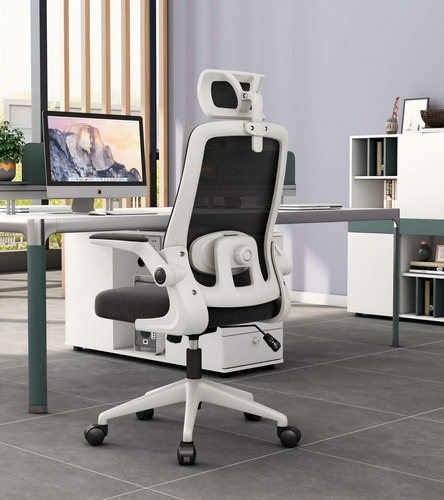 Silla De Escritorio Ergonómica Con Soporte Lumbar Y Cabeza Color Blanco/Negro Material del tapizado Algodón
