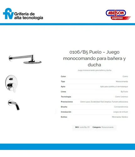Juego Grifería Monocomando Fv Puelo Ducha Lavatorio Bidet