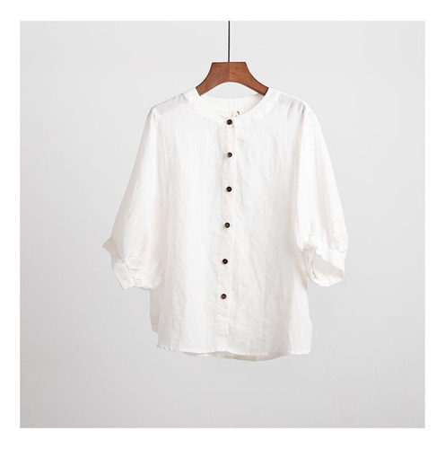 Camisa De Algodón Y Lino Con Manga De Farol Para Mujer