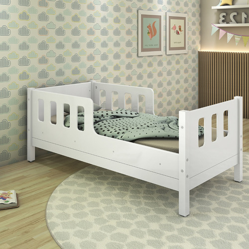 Cama Infantil Encanto Unissex Com Proteção Lateral Mdf Cor Branco