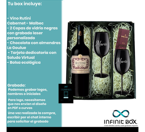 Box Regalo Vino Rutini Cab Mal + 2 Copas Negras + Chocolates
