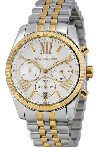 Correa de reloj Michael Kors Mk5955 Lexington Mother of Eua Pearl, color plateado, bisel, color dorado, fondo dorado, color plateado
