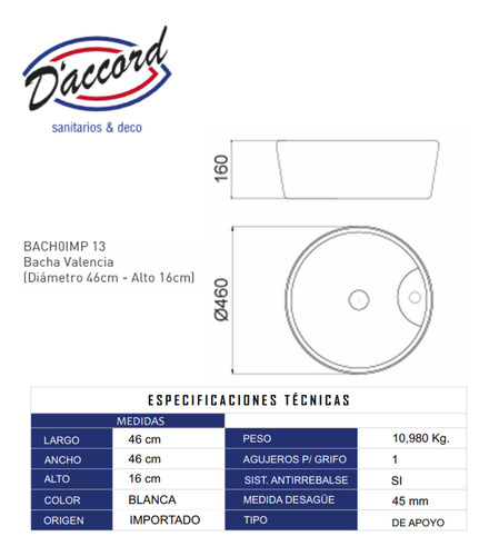 Bacha Apoyo Valencia D'accord Blanco Monocomando Porcelana