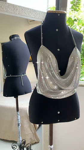 Cropped Blusa Brilhosa De Manta Luxo Com Decote Profundo