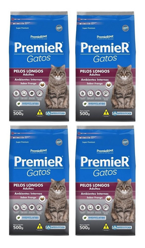 Kit 4un. Ração P/ Gato Adulto Pelo Longo Frango 500g Premier