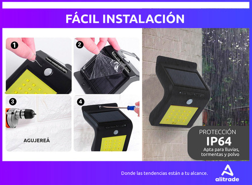 Reflector Luz Led Solar Exterior Pared Sensor Movimiento Carcasa Negro Luz Blanco