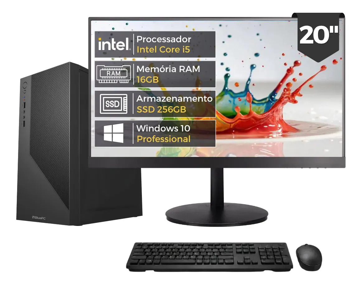 Computador Completo Intel Core i5 4570 (4ª Geração), 16GB RAM, SSD 256GB, Monitor 20" 75Hz HDMI, Windows 10 Pro, Preto, Bivolt - BluePC Office CDF-099OF