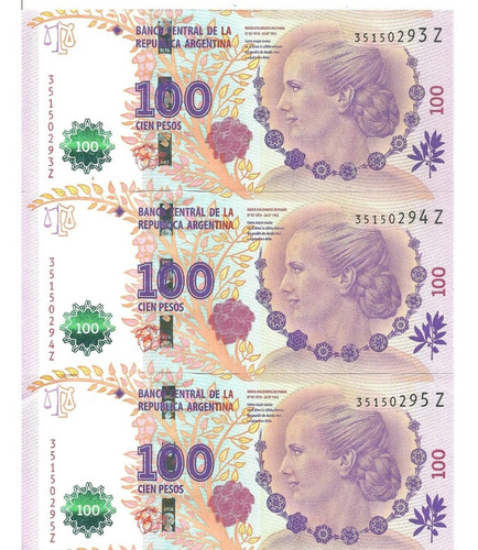 Lote: 3 Billetes 100 Pesos Evita Correlativos Serie   Z   