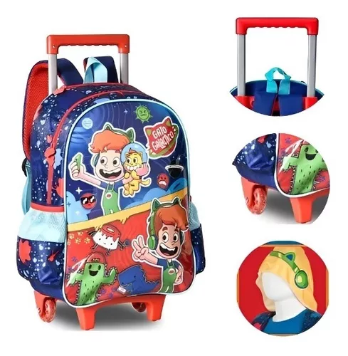 Mochila de Rodinhas Escolar Infantil Gato Galáctico Desenhos Colorir - Azul