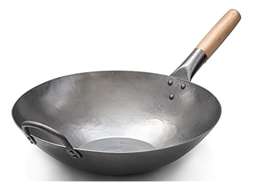 Wok Artesanal Pow Wok Plano De Acero Al Carbono Martillado A