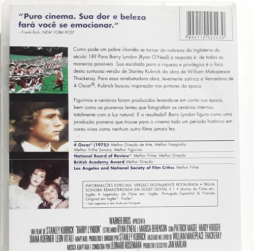 Dvd Barry Lyndon ( Kubrick) Edição Amaray Arte Interna, Novo