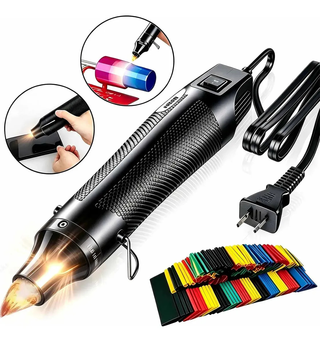 Pistola de calor portátil BAKEWAY - Herramienta eléctrica negra, 50-392°C, Incluye 164 PCS Accesorios para encoger, Ideal para proyectos de bricolaje y reparaciones.