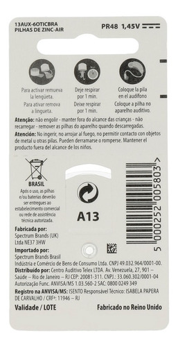 Kit 30 Pilhas Bateria Aparelho Auditivo A13 Pr48 Oticon