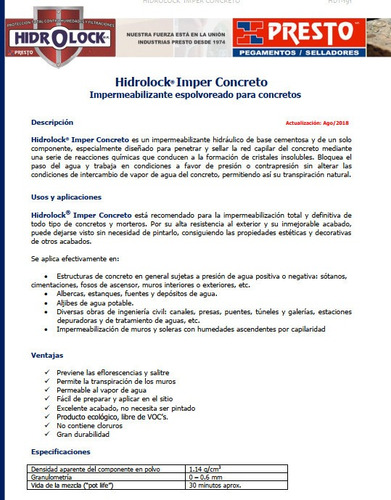 Imper Concreto Hidrolock Seca Humedad Impermeable Saco 25kg