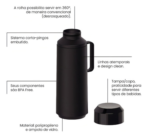 Bule Garrafa Térmica Vidro Exata 1l Café Cha Etc Tramontina Cor Preto