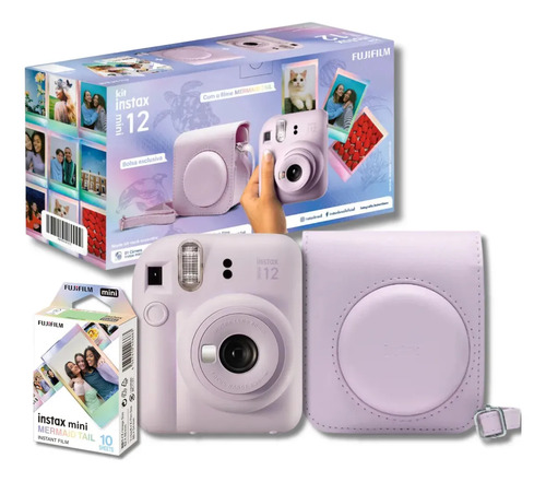 Kit Câmera Instax Mini 12 Lilás Candy com 10 Filmes e Bolsa Lilás Candy
