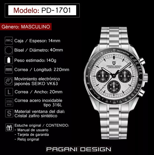 Reloj Pagani Design Pd-1701 V4 Cronógrafo Sumergible Caja Plateado Negro Blanco