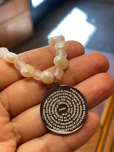 Luli Pulsera Perlas Cuarzo Rosa Medalla Acero Padre Nuestro