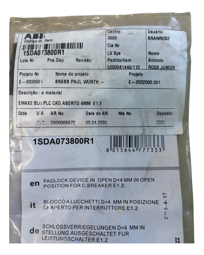 1sda073800r1 Abb Padlock Device In Open D=4 Mm