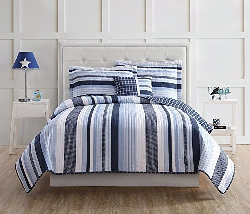 Kids Mason Stripe Full Quilt Mini Set Con Almohada Deco...