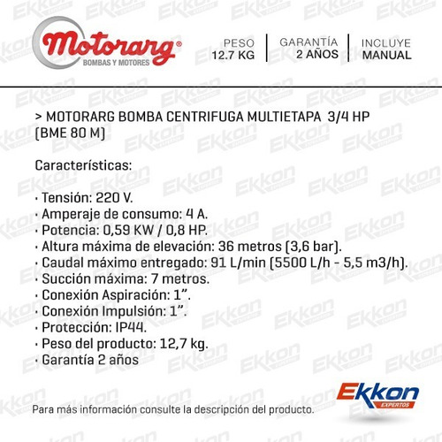 Imagen 2 de 7 de Bomba Centrífuga Motorarg Multietapa 3/4 Hp Bme 80 M
