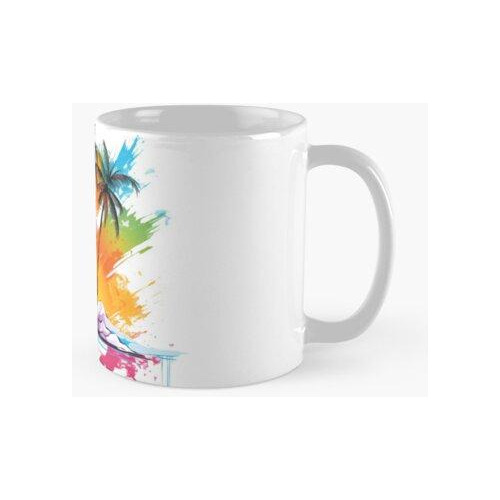 Taza Isla Con Salida Del Sol Y Palmeras. Calidad Premium