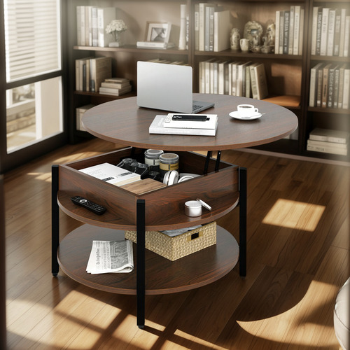 Mesa De Centro Redonda Elevable Con Almacenamiento Color Esp