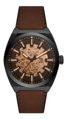 Reloj Fossil Everett Me3207 Automático Cuero Café Clásico Color de la correa Marrón Color del bisel Negro