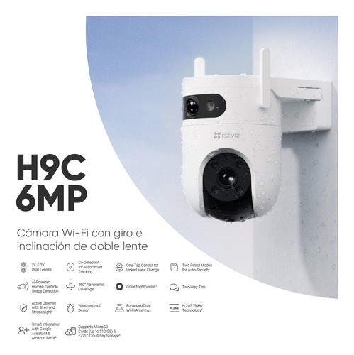 Ezviz Cámara Pt Doble Lente 6 Mp (3mp+3mp) H9c6-32 + Microsd De 32gb Con Ia De Detección Humana Y Vehiculos Con Vision Nocturna A Color + Vista Simultánea De Cámara Pt Cámara Fija Audio Bidireccional