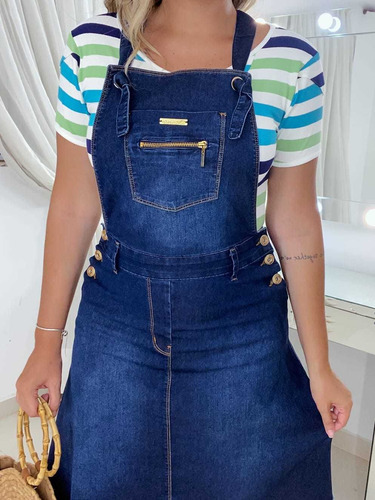 Imagem 2 de 3 de Vestido Salopete Jeans Midi Godê Feminina Modelo Joyaly
