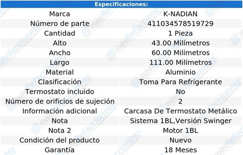 Toma Anticongelante Aluminio 2 Pernos Dart L6 2.8l 63 Al 69