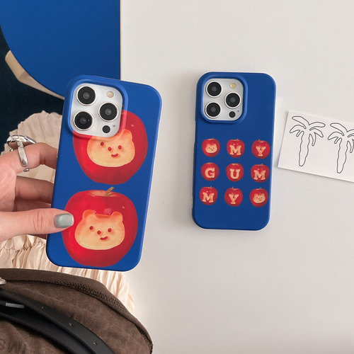 Funda De Teléfono Coreana Ins Klein Azul Con Estampado De Oso De Manzana, Encantadora Y Moderna Para iPhone 16, 15, 14, 13 Pro Max, Funda Trasera C