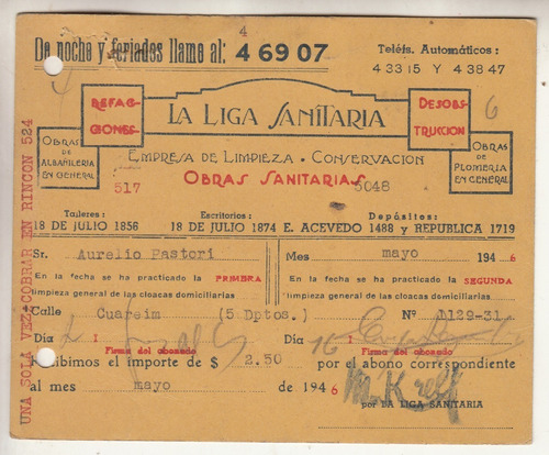 1946 La Liga Sanitaria Uruguay Recibo Abono Mensual Vintage 