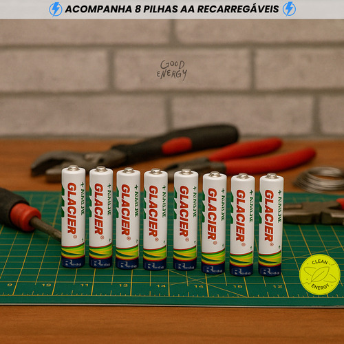 Kit 8 Pilhas Aa Recarregáveis + Carregador Automático, Compatível Com Pilhas Aa, Aaa E Bateria 9v, Bivolt 110/ 220v - Redd