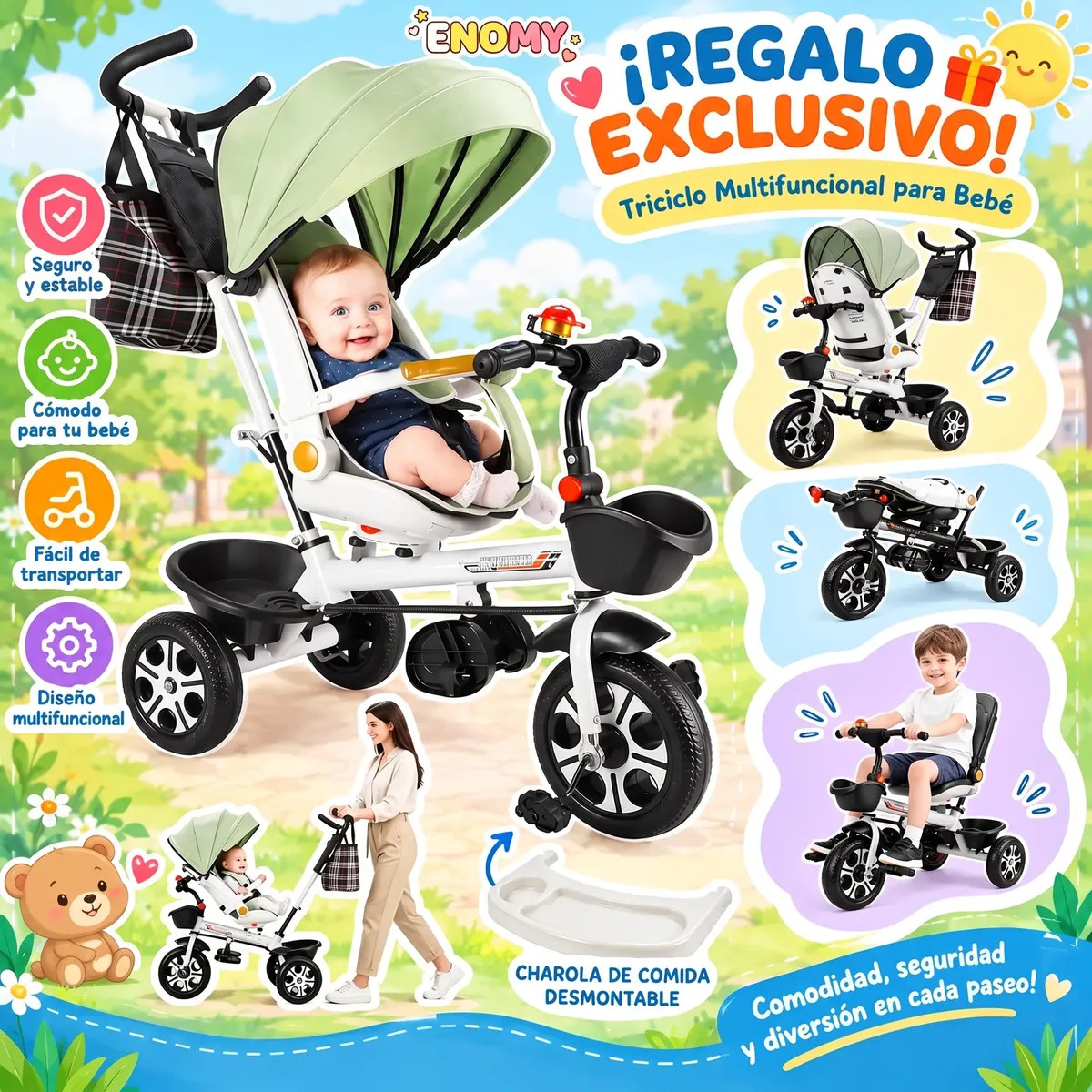 Triciclo ENOMY 9 en 1 Plegable para Bebé y Niño con Rotación 360° y Toldo Ajustable