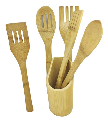 Imagem 4 de 7 de Conjunto Talheres Bambu 6 Peças Pau Colher Garfo Espatulas