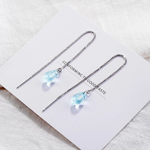 Imagen 3 de 7 de Collar Y Aretes Plata 925 Dije Gota Azul De Cristal Mujer
