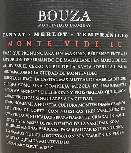 Vinho Uruguaio Bouza Monte Vide Eu 750ml