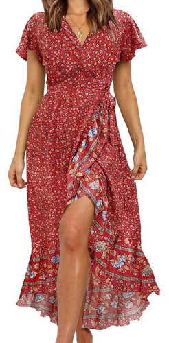 Vestido M Mujer Bohemio Escote En V Manga Corta Estampado