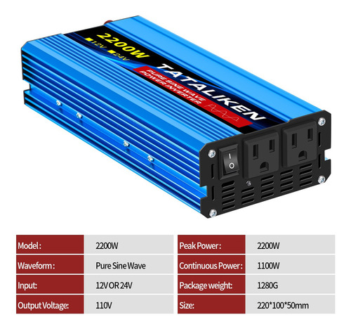 Tataliken Inversor De Onda Sinusoidal Pura 12v/110v 2200w Para Coches