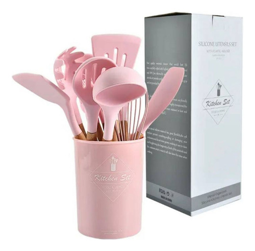 Set 12 Utensilios De Cocina Silicona Resistente Calor Rosa