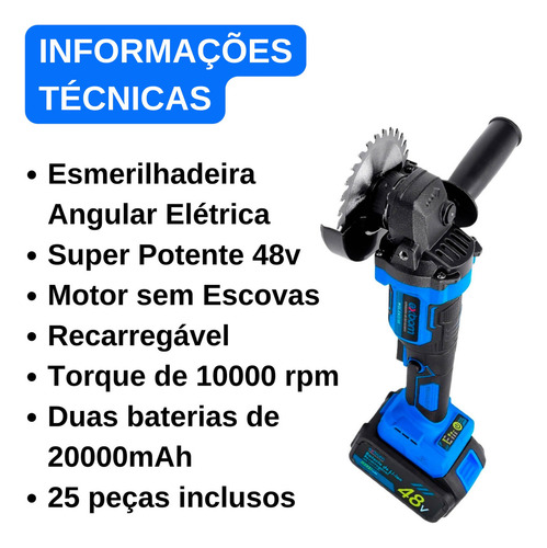 Lixadeira Eletrica Esmerilhadeira Angular A Bateria 48v