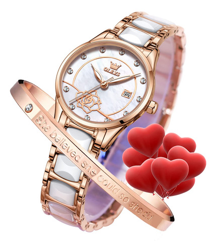 Reloj Para Dama Oro Rosado Y Ceramica Blanca Con Cristales