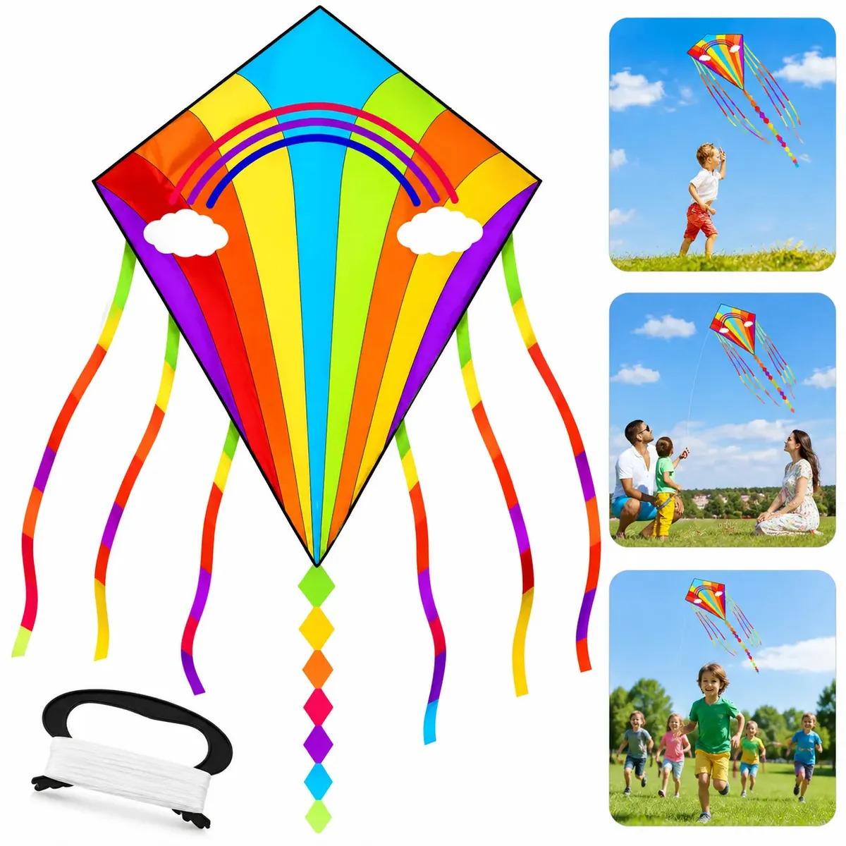 Cometa Arcoíris de Rombo para Niños y Adultos con Hilo, Ideal para Playa y Aire Libre
