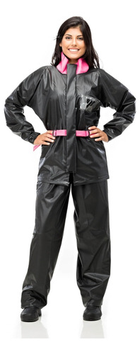 Capa De Chuva Feminina Motoqueiro Pvc Conjunto Detalhes Rosa